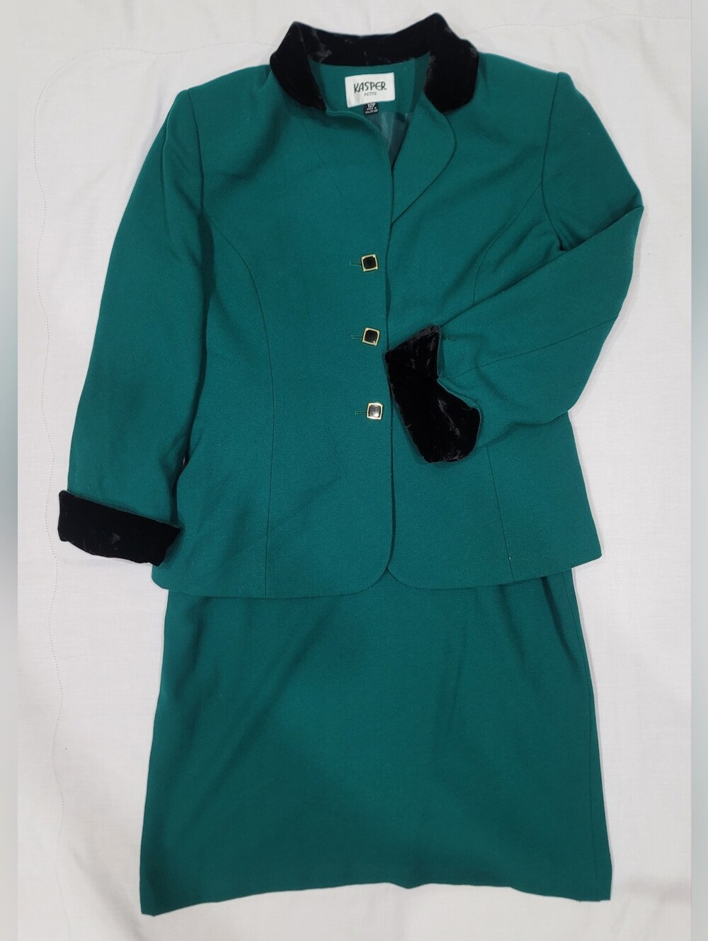 Kasper Teal Two-Piece Blazer and Skirt with Black Velvet Trim